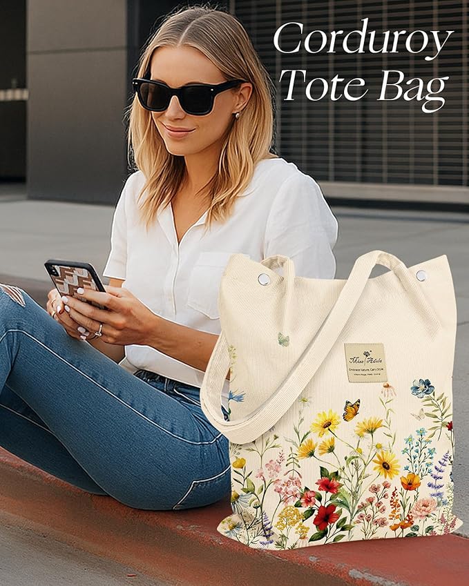 Miss Adola Corduroy Tote Bag for Women - Reusable Totes with Magnetic Buckle & Pocket Aesthetic Design Work Grocery Bags