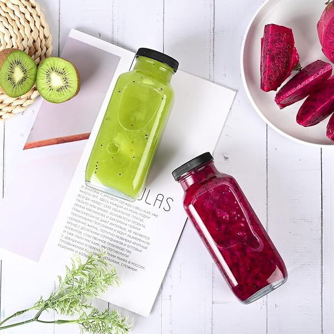 10 Pack 16oz Glass Juice Bottles with Lids - Reusable Juicing Bottles Glass Drinking Jars Containers with Airtight Lids & Cleaning Brush - Perfect for Juicing,Milk,Kombucha, and Storage