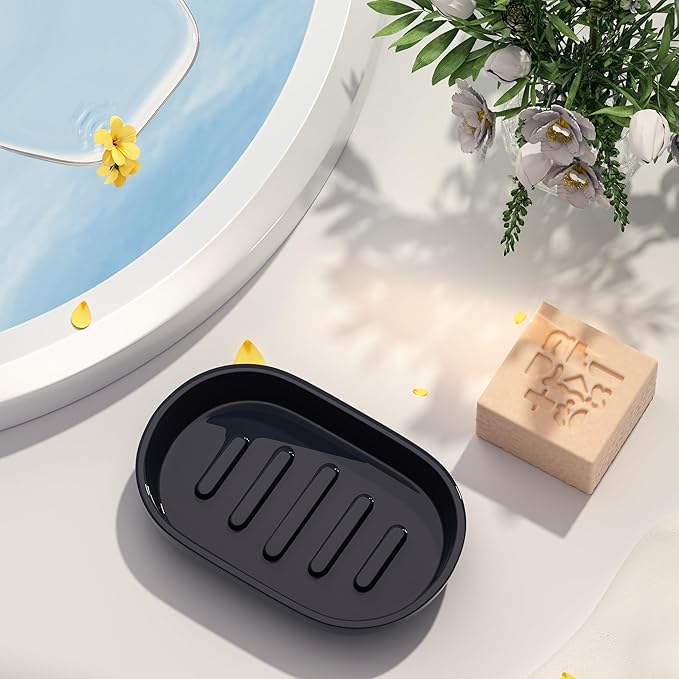 2Pcs/Set Bathroom Soap Dishes, Not Plastic！White Soap Dishes for Bar Soap, Bamboo Soap Dishes Holder for Bathroom Shower, Bathroom Sink Soap Dish (Black)