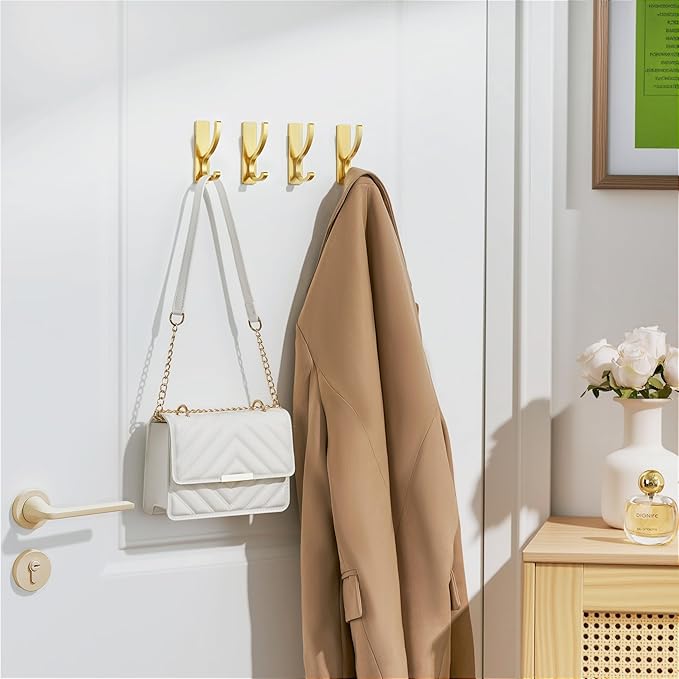 pickpiff Adhesive Wall Hooks for Towels - Sticky Hook Hanging Heavy Duty (13lb), Hanger for Door, Bathroom, Dorm, Closet - for Coats, Purse, Bag, Robe - No Damage to Wall - Gold 10 Pack