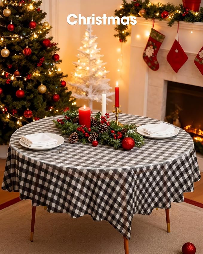 Pureegg Plastic Table Cloth Disposable 10 Pack, 84'' Round Table Cloths, Party, Picnic, Decorative Gingham Tablecloths, Round, Red and White Checkered Cover, Leakproof & Sturdy, Red Plaid