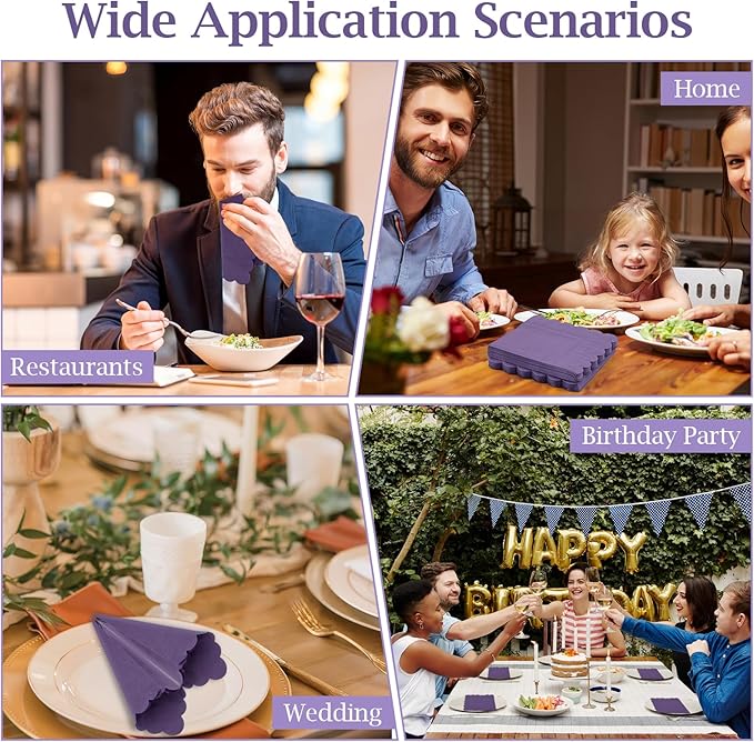 100 Pcs Cocktail Napkins, 2-Ply 5 x 5 Inches Disposable Scalloped Napkins, Thick Premium Dessert Napkins for Party, Wedding, Dinner, Birthday, Anniversary, Festival (Purple)
