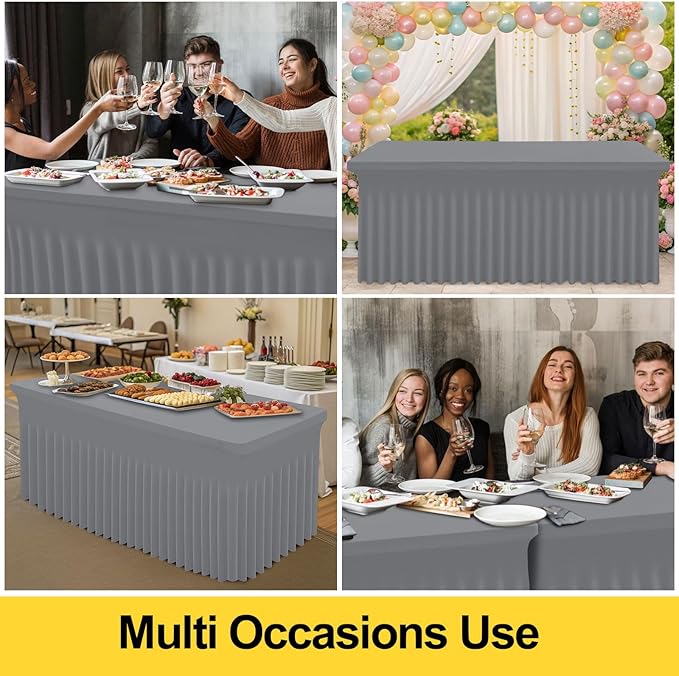 Smiry Spandex Tablecloth 2 Pack, Elastic Fitted Stretch Tablecloth for 8FT Rectangle Tables, Waterproof Washable Table Cover Skirt for Outdoor, Wedding, Banquet & Parties (Grey, 96Lx30Wx30H Inch)