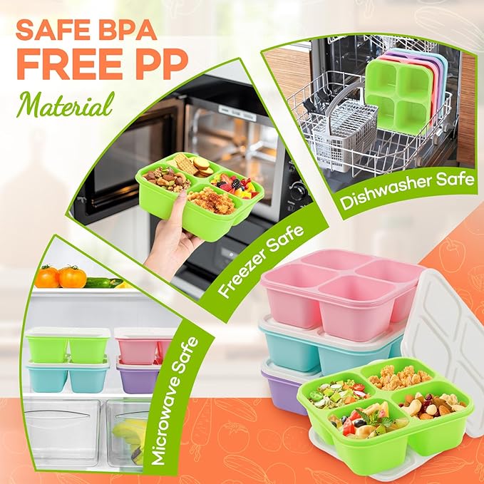 Bento Box Adult Lunch Box- 4 Pack,4 Compartment Snack Containers Reusable Meal Prep Stackable BPA-Free Lunch Containers for Home, Work, Travel (4 Color)