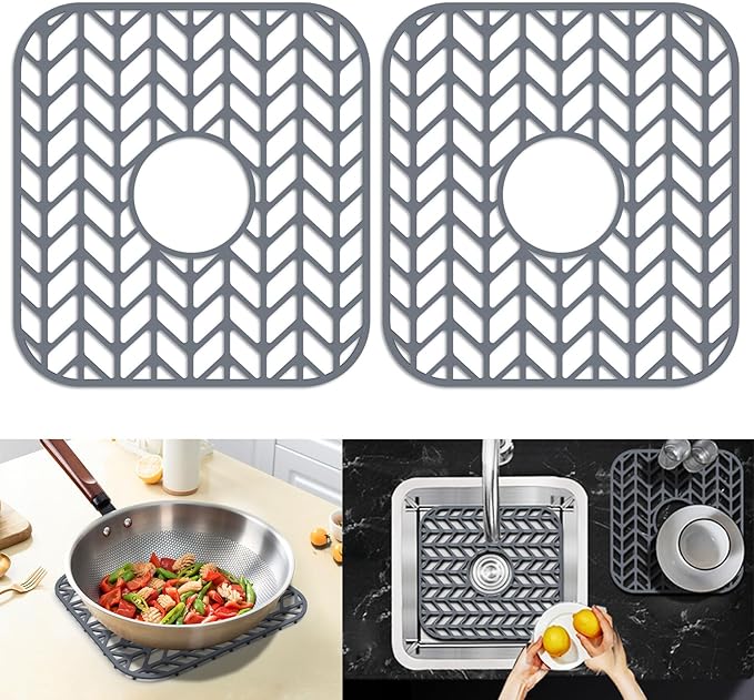 Sink Protectors for Kitchen Sink, 12.25"X11.5" Center Drain mat for bottom of sink, Protect Kitchen Sink bottom from Scratches, Dishwasher Safe Grid Mat for Kitchen(Gray, 12.25"x11.5"x2 Center)