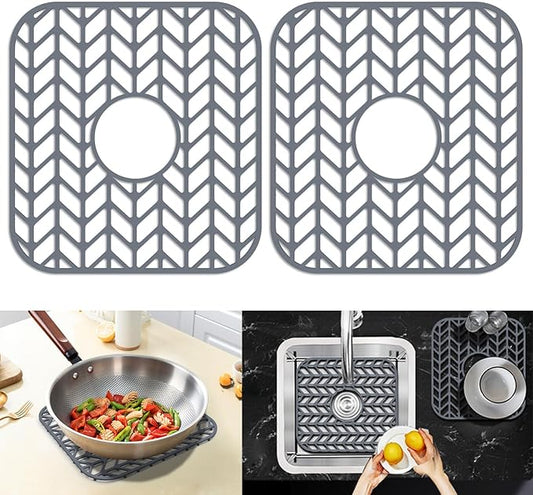Sink Protectors for Kitchen Sink, 12.25"X11.5" Center Drain mat for bottom of sink, Protect Kitchen Sink bottom from Scratches, Dishwasher Safe Grid Mat for Kitchen(Gray, 12.25"x11.5"x2 Center)