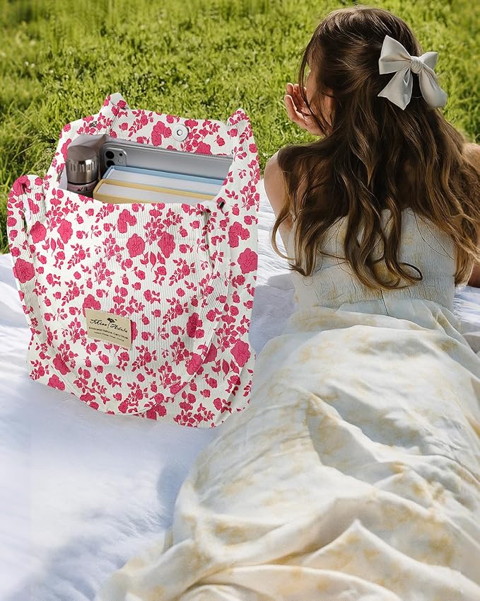 Miss Adola Corduroy Tote Bag for Women - Reusable Totes with Magnetic Buckle & Pocket Aesthetic Design Work Grocery Bags