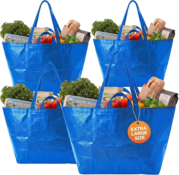 DURASACK Haul-It-All Extra-Large Reusable Shopping Bag – Heavy Duty Open-Top Tote with Handles, 18-Gallon Capacity, Blue, Pack of 4