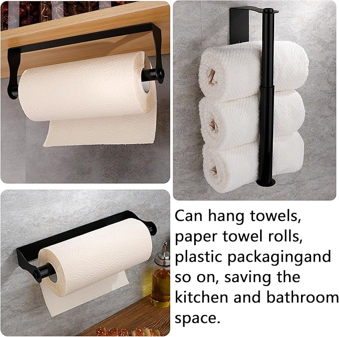 Paper Towel Holder, Black Stainless Steel Under Cabinet Wall Mount, Self-Adhesive Kitchen Roll Rack, Heavy-Duty Organization Storage