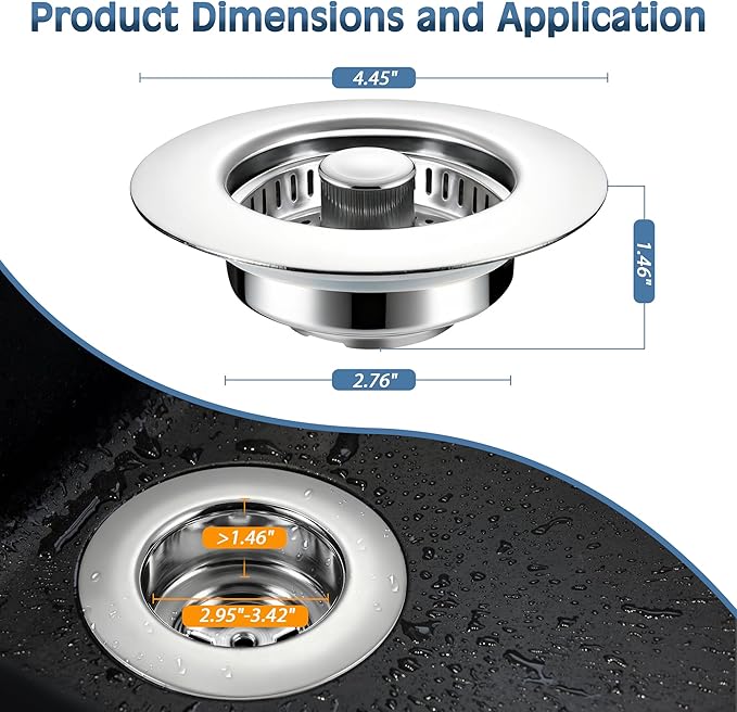 Kitchen Sink Drain Strainer 3 Pack, 304 Stainless Steel Pop Up Sink Stopper, Anti-Clogging Sink Drain Strainer for US Standard Kitchen Drain (Chrome)