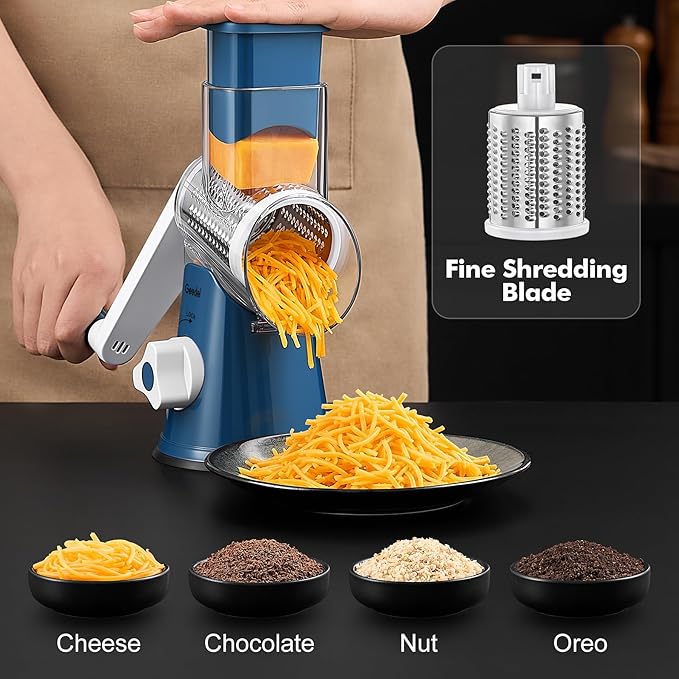 Geedel Rotary Cheese Grater, Kitchen Mandoline Vegetable Slicer with 3 Interchangeable Blades, Easy to Clean Rotary Grater Slicer for Fruit, Vegetables, Nuts