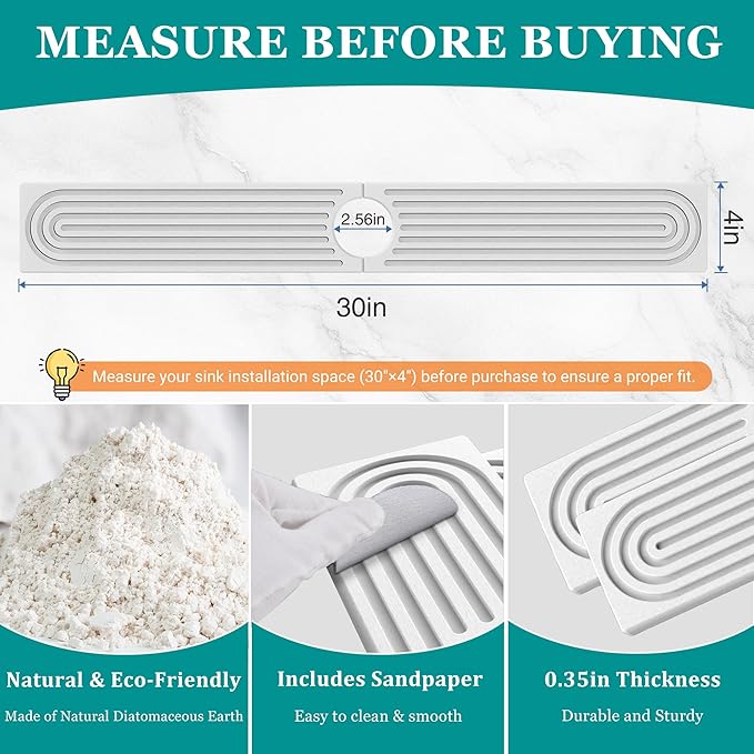 Stone Faucet Mat for Kitchen Sink - Quick Dry Diatomite Sink Splash Guard, Prevents Moisture Buildup & Water Stains, Water Absorbing Stone Tray for Bathroom Countertop (White, 30" x 4")
