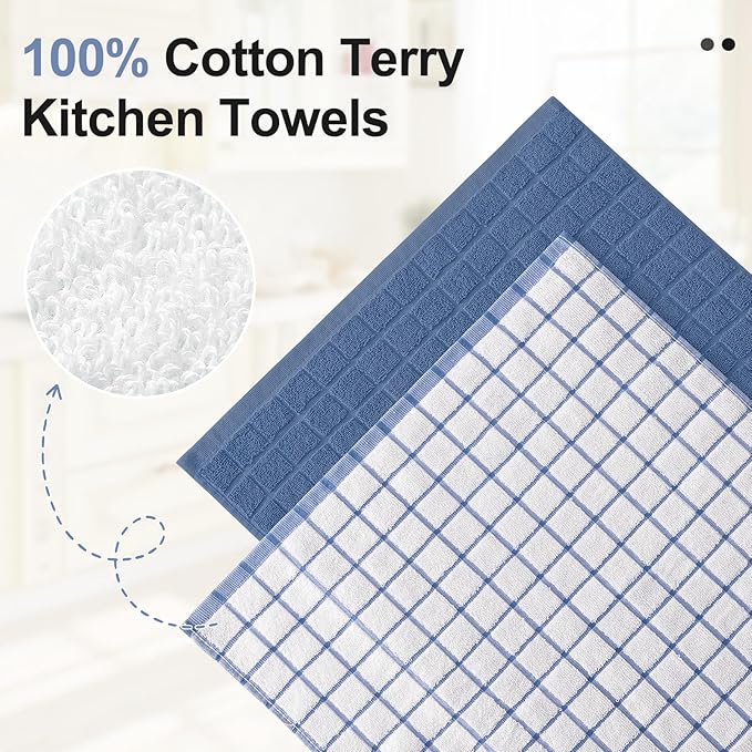 Homaxy Premium Cotton Kitchen Towels 16"x 28", Large Natural Ring Spun 390 GSM Dish Towels, Super Absorbent Terry Kitchen Hand Towels, Soft Tea Towels with Hanging Loop, Navy Blue Check Design, 4 Pack