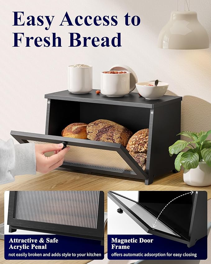 Kitsure Bread Box - Wooden Bread Box for Kitchen Countertop, Large Capacity Kitchen Countertop Organizer, Stylish Bread Storage with Window, Multi-functional Container, Black, 1-Tier
