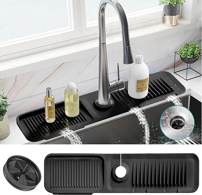 Faucet Mat for Kitchen Sink - Kitchen Sink Splash Guard with FREE Rubber Drain Insert - 24 Inch Faucet Guard Draining Mat, Faucet Mat Dish Soap Sponge Holder for Kitchen Sink Accessories