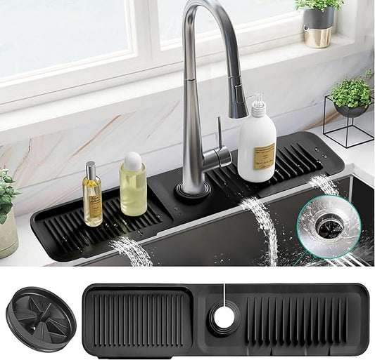 Faucet Mat for Kitchen Sink - Kitchen Sink Splash Guard with FREE Rubber Drain Insert - 24 Inch Faucet Guard Draining Mat, Faucet Mat Dish Soap Sponge Holder for Kitchen Sink Accessories
