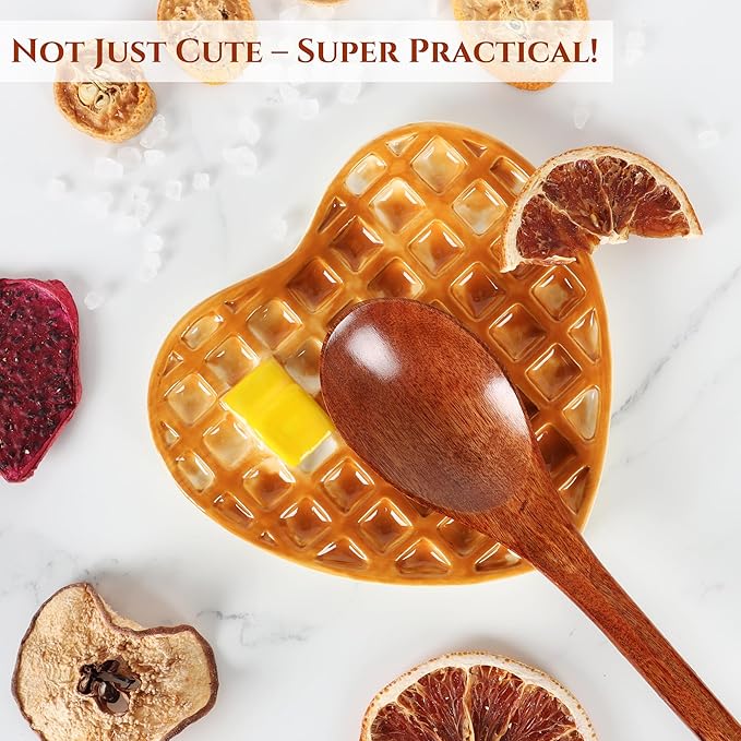 Waffle Spoon Rest for Stove Top, Cute Spoon Holder for Kitchen Counter Cooking Utensil Rest Ceramic Coffee Spoon Rest, Yellow Kitchen Counter Decor (Waffle Spoon Holder)