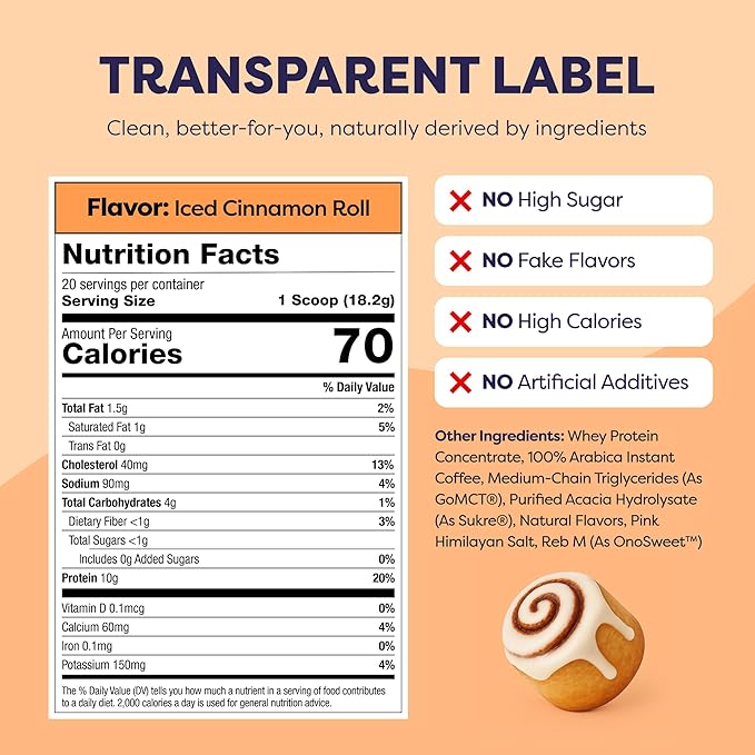Iced Cinnamon Roll Protein Iced Coffee - Premium Whey Protein & Instant Iced Coffees - 100% Natural Cold Brew - Zero Artificial Flavors & Sweeteners, 80 mg Caffeine, No Added Sugar, 20 Servings