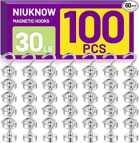 100Pack Heavy Duty Magnetic Hooks, 30 lbs Strong Neodymium Magnet Hooks for Hanging Mugs, Magnetic Key Holder for Fridge, Magnet with Hook for Cruise, Grill, Fridge - Silver