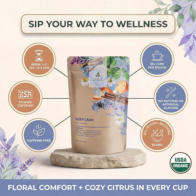 Gardenika Organic Sleep Loose Leaf Tea with Chamomile and Lavender Flowers, Herbal, Caffeine Free, KSA Kosher, Ayurvedic Blend - 4 oz (1 Pack)
