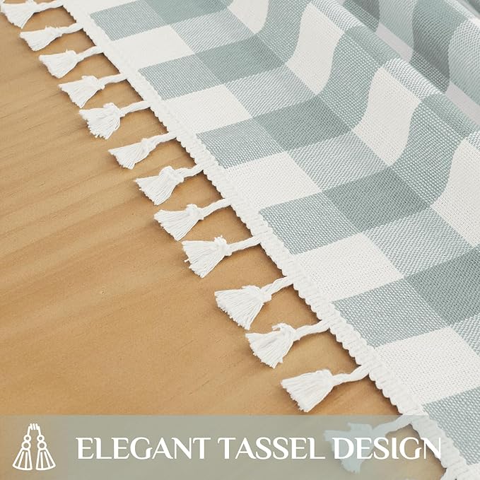 Softalker Checkered Tablecloth Rectangle, Outdoor Linen Cotton Gingham Table Cloth with Tassel, Heavy Duty Wrinkle Free Buffalo Plaid Table Cover for Kitchen Dining Summer Party - 55 x 70 Inch, Aqua