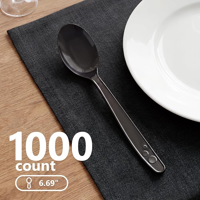 SACATR 1000 Count Black Plastic Spoons Heavy Duty, Disposable Bulk Spoons, BPA-Free Heat Resistant Cutlery for Restaurant Catering Party Events