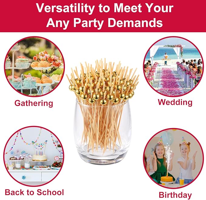 200 Pcs Cocktail Picks, Gold Plastic Ball Decor Skewer for Appetizers, Fruit, Kebabs, Mini Burger, Bamboo Skewers for Drinks, Handheld Toothpicks, Food Sticks Natural, Kitchen Gadget