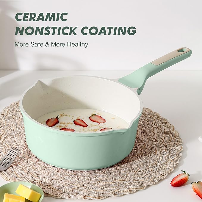 SENSARTE Ceramic Nonstick Saucepan with Double Pouring Spout 3.0 Quarts, Cooking Pot with Stay Cool Handle, Induction Compatible, Ceramic Coating, Free of Intentionally Added PFOA/PFAS, Green