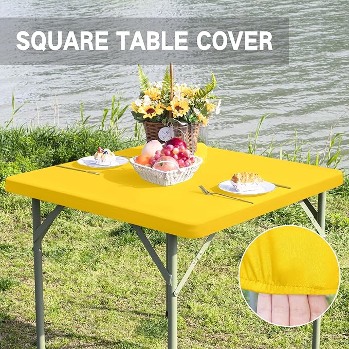 Square Fitted Table Cover Elastic Tablecloth Stretch Spandex Table Top Cover Tables Topper Cap for Dining Kitchen Home Party Yellow 36X36 Inch