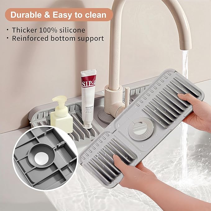 14.5 inch Silicone Faucet Mat for Kitchen Sink - 6° Slope & Fasten Button Design, Quick-Dry Splash Guard Water Catcher Behind Faucet, RV/Bathroom Safe (Gray)