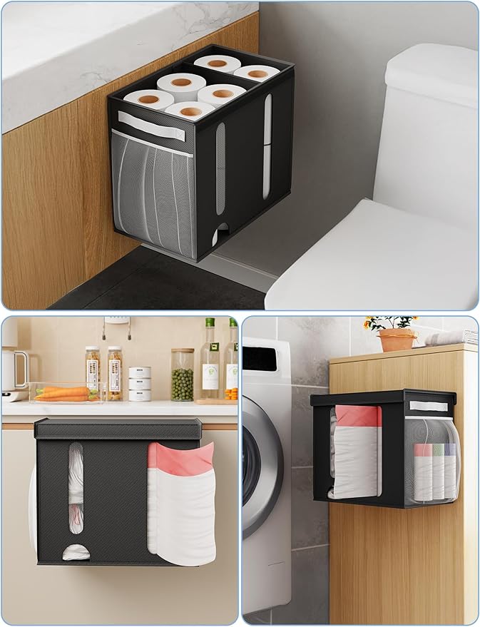 NiHome 2-in-1 Nonwoven Fabric Trash Bag Dispenser & Grocery Bag Holder, Large Adjustable Organizer for 4-33 Gallon Rolls, Wall-Mounted or Countertop Use, Multi-Purpose for Kitchen, Bathroom (Black)