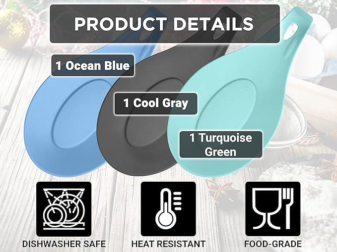 Silicone Spoon Rest for Stove Top Set of 3 – HEAT RESISTANT DISHWASHER SAFE Kitchen Utensil Holder for LARGE Utensils - Won’t Break - Non-Slip - Ideal for Glass & Induction Cooktops - for Home Cooks
