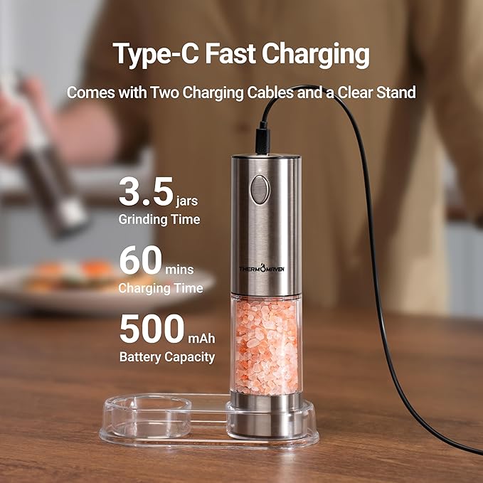 ThermoMaven Electric Salt and Pepper Grinder Set, 110ml Larger Rechargeable Automatic Salt and Pepper Mill Grinder with 6 Adjustable Coarseness, Electric Salt and Pepper Shakers, LED, 2 Packs, Red