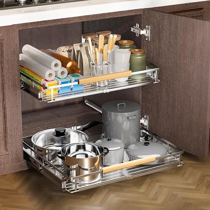 2 Pack Expandable Pull Out Cabinet Organizer，Side Mounting 17.1~28"x22.5"Cabinet Pull Out Shelves, Expandable Slide Out Spice Rack for Kitchen Bathroom Office