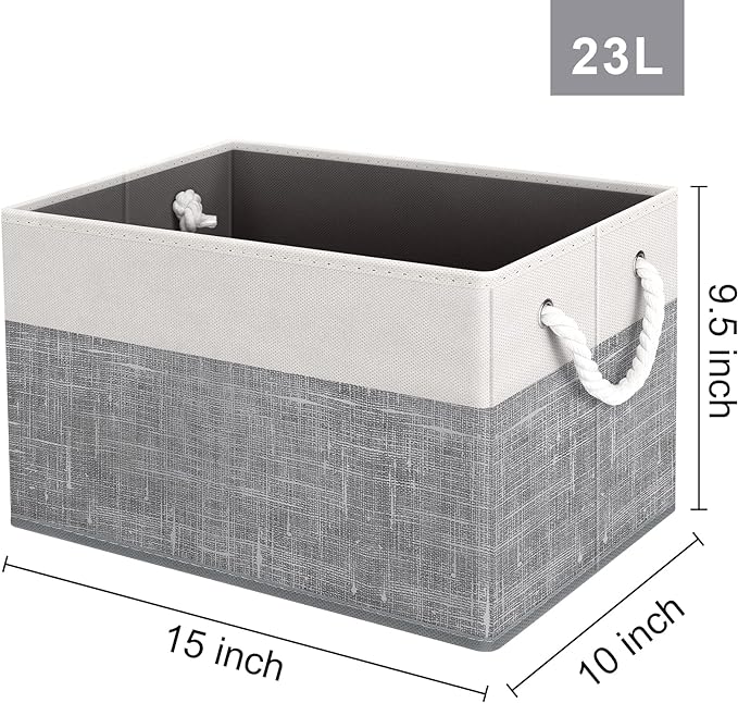 Fab totes Storage Bins 4-Pack, Foldable Storage Baskets for Organizing Toys, Books, Shelves, Closet, Large Storage Box with Rope Handles, Sturdy Organizer Bins, White & Grey