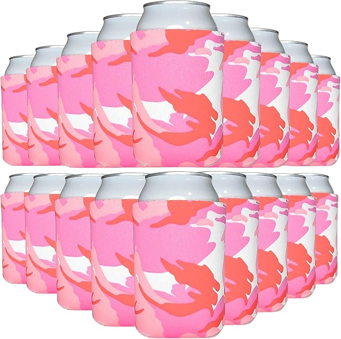 TahoeBay Bulk Blank Beer Can Cooler Sleeves (50-Pack) Sublimation Blanks for Vinyl Plain Soft Foam Can Sleeves Coolers for Soda Cans & Bottles Black, White, Assorted Solid Color (Pink Camo)