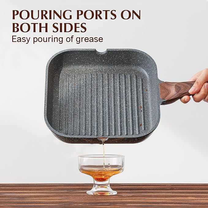 SENSARTE Nonstick Grill Pan with Lid, Grill Pan for Stove Tops, Versatile Griddle with Pour Spouts, Square Big Cooking Surface, Durable Skillet Indoor & Outdoor Grilling. PFOA Free, 12Inch