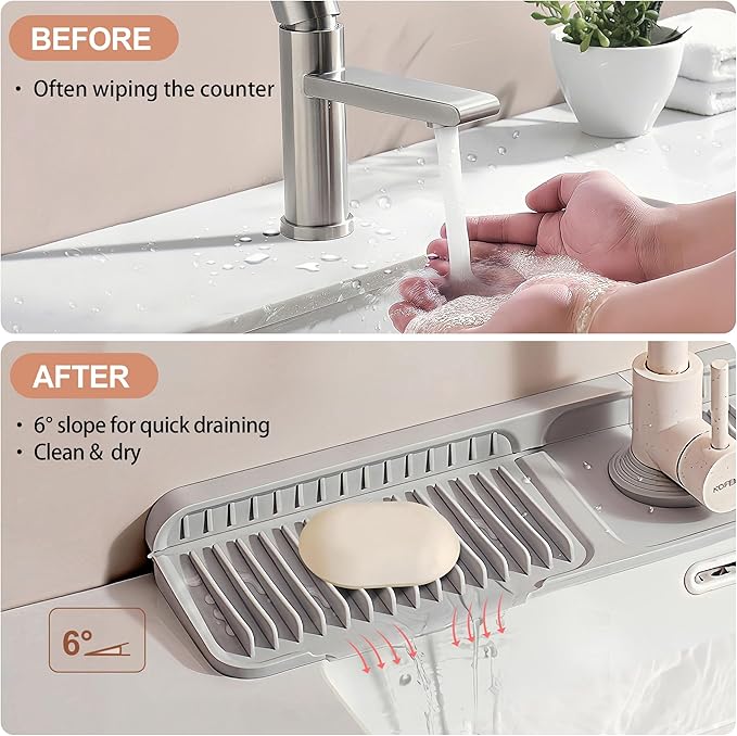 23.6 inch Silicone Faucet Mat for Kitchen Sink - 6° Slope & Fasten Button Design, Quick-Dry Splash Guard Water Catcher Behind Faucet, RV/Bathroom Safe (Gray)