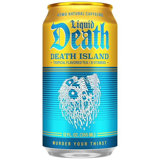 Liquid Death Iced Tea - Death Island (Tropical-Flavored Black Tea), Less Sugar*, Boost of Caffeine, B Vitamins, No Artificial Sweeteners, 12 Fl Oz (Pack of 12)