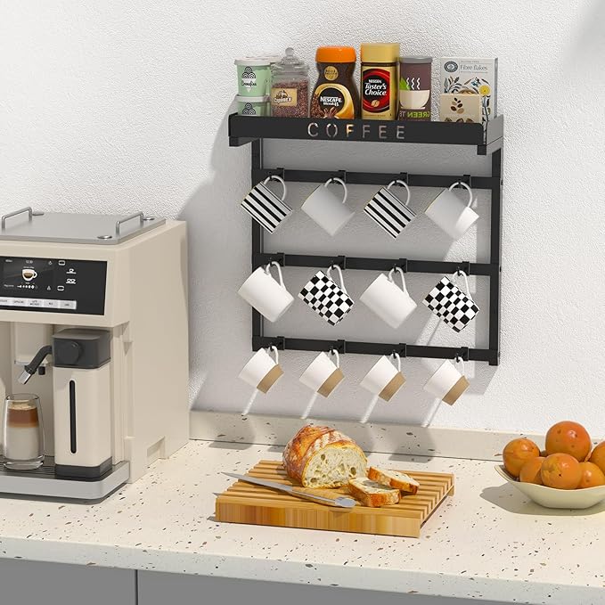 Coffee Mug Holder Wall Mounted with 12 Movable Hooks, Metal Coffee Cup Holder with Top Shelf, Mug Rack Wall Mount for Home Kitchen Display and Collection