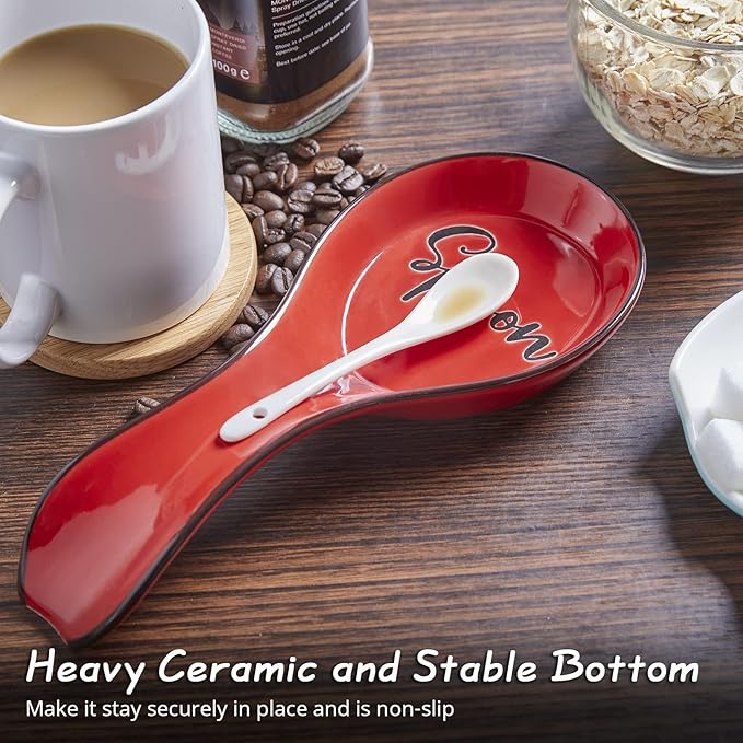 Ceramic Spoon Rest for Stove Top, DAYYET Large Spoon Holder, Spoon Rest for Kitchen Counter, Utensil Rest for Ladles, Spatula, Tong, Red Kitchen Decor and Accessories
