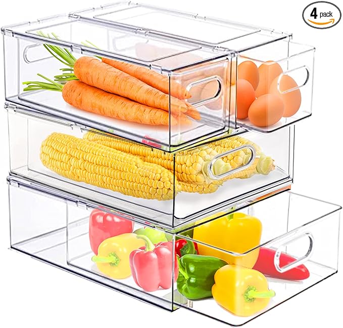 bealy 4 Pack Clear Storage Drawer Set, Stackable Fridge Drawer Organizer Fruit Vegetable Storage Containers for Kitchen Pantry Organization,BPA-Free