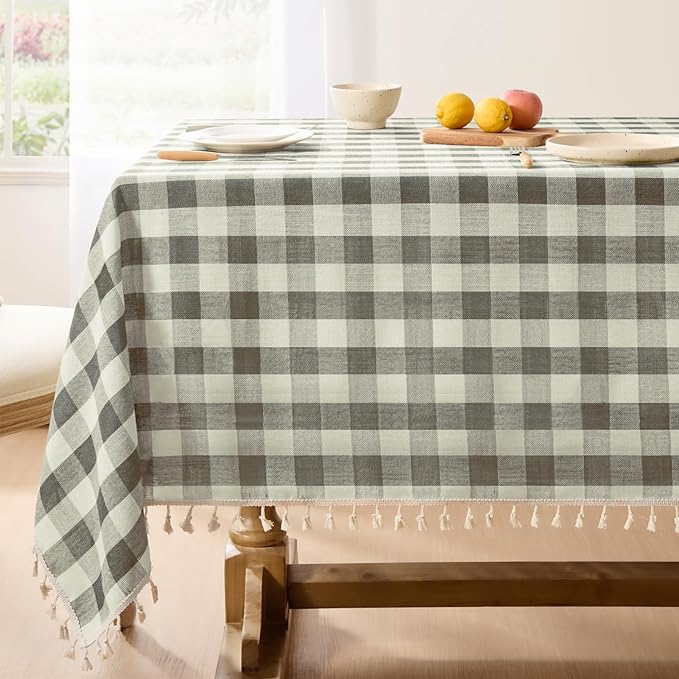 Softalker Checkered Tablecloth Square, Outdoor Linen Cotton Gingham Table Cloth with Tassel, Heavy Duty Wrinkle Free Buffalo Plaid Table Cover for Kitchen Dining Summer Party - 55 x 55 Inch, Coffee