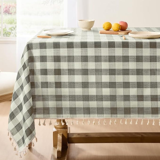 Softalker Checkered Tablecloth Square, Outdoor Linen Cotton Gingham Table Cloth with Tassel, Heavy Duty Wrinkle Free Buffalo Plaid Table Cover for Kitchen Dining Summer Party - 55 x 55 Inch, Coffee