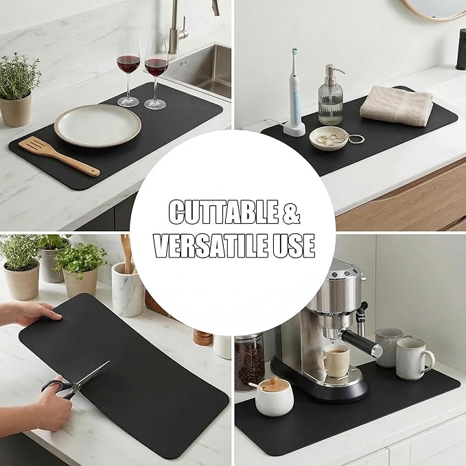 2PCS Customizable Small Dish Drying Mat: 18"L x 9"W Trimmable Quick Dry Pad - Non-Slip Absorbent Heavy Duty Microfiber Drip Catcher & Counter Protector for Kitchen Sink & Bathroom Counter Tray