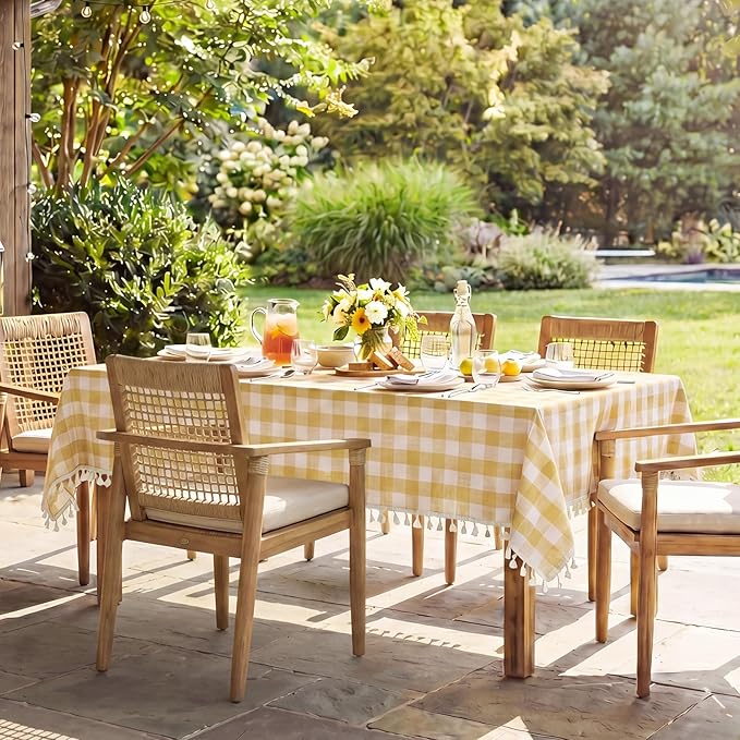 Softalker Checkered Tablecloth Rectangle, Outdoor Linen Cotton Gingham Table Cloth with Tassel, Heavy Duty Wrinkle Free Buffalo Plaid Table Cover for Kitchen Dining Home Party - 55 x 102 Inch, Yellow