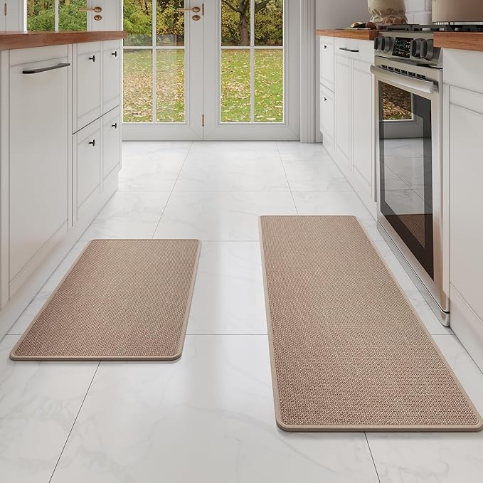 Kitchen Mat Set of 2 PCS, Cushioned Non Slip Rugs for Kitchen Floor, Absorbent Runner Comfort Standing Mats Washable for Kitchen,Floor，Office, Home （Brown 17x30+17x59）