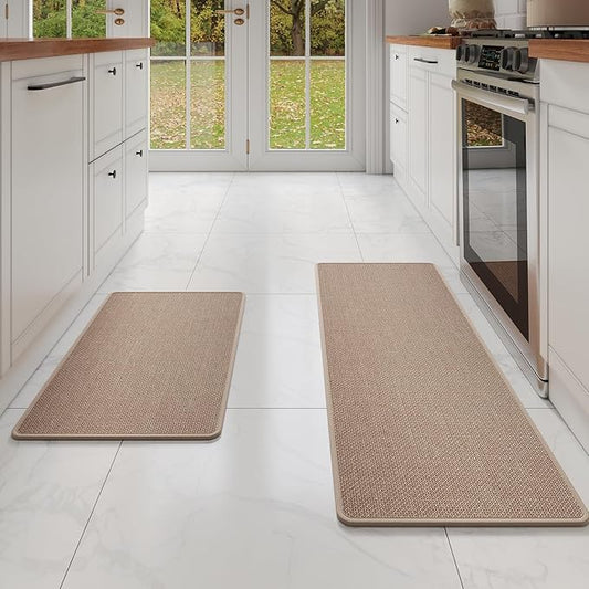 Kitchen Mat Set of 2 PCS, Cushioned Non Slip Rugs for Kitchen Floor, Absorbent Runner Comfort Standing Mats Washable for Kitchen,Floor，Office, Home （Brown 17x30+17x59）