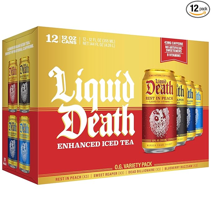 Liquid Death Iced Tea - O.G. Variety, Less Sugar*, Boost of Caffeine, B Vitamins, No Artificial Sweeteners, 4 Flavors: Tea/Lemonade, Rest in Peach, Sweet Reaper, Blueberry Buzzsaw, 12 Fl Oz (Pack of 12)