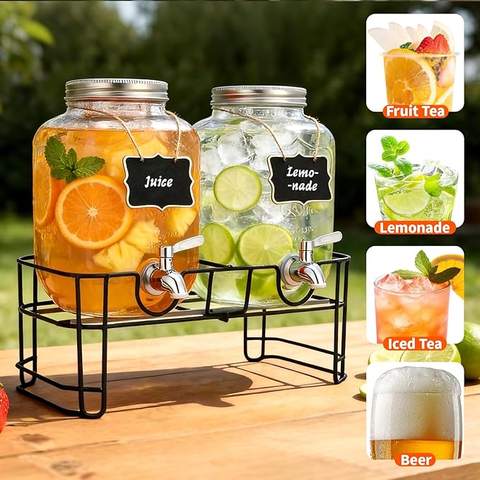 1 Gallon Glass Beverage Dispenser, 2 Pack Glass Drink Dispensers for ies with Stand, Lid&Stainless Steel Spigot, Lemonade Dispenser With Ice Cylinder for Weddings, Sun Tea Jar, Juice Dispensers
